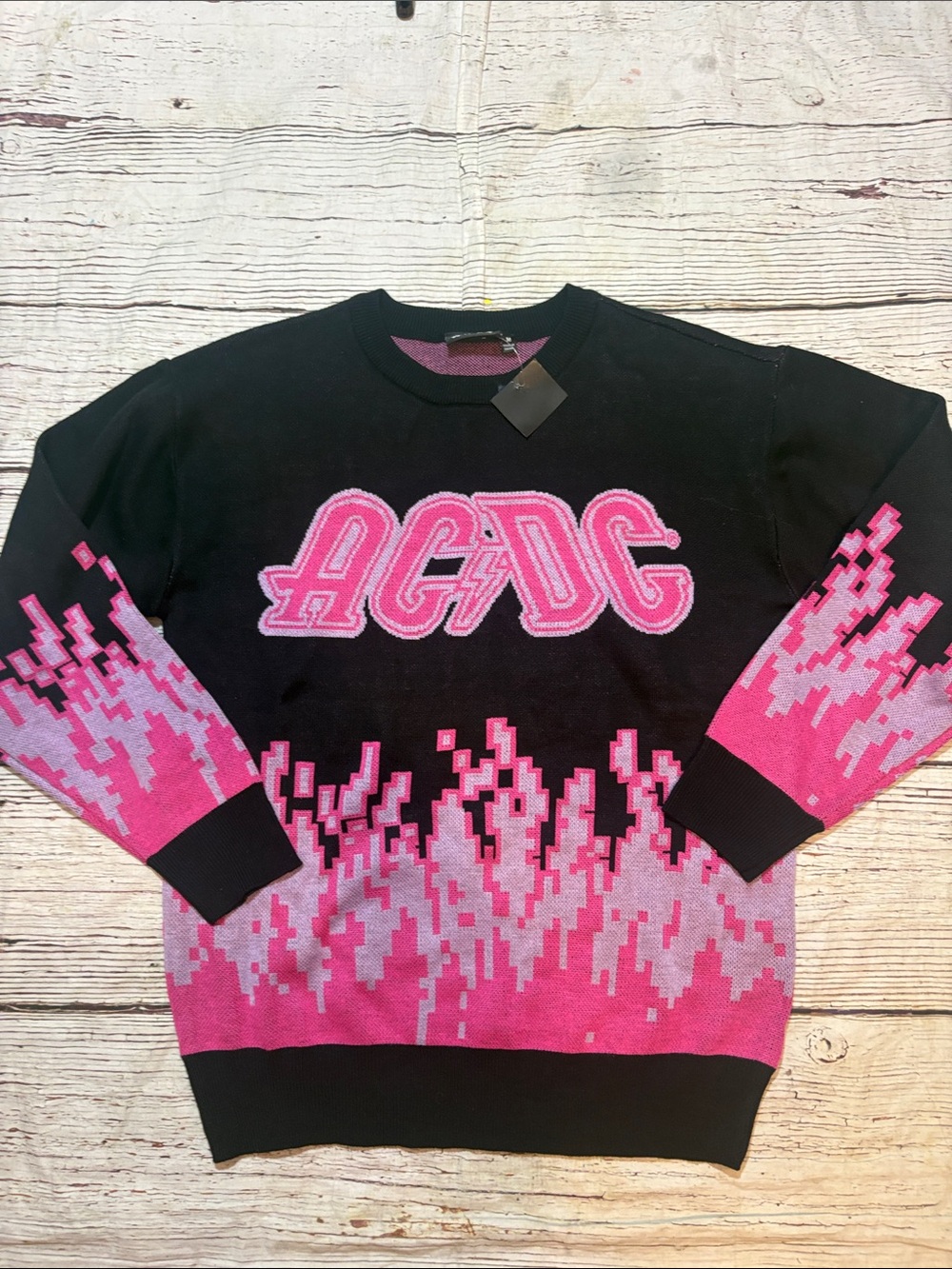 AC/DC Black and Pink Pixel Flame Crewneck Sweater
